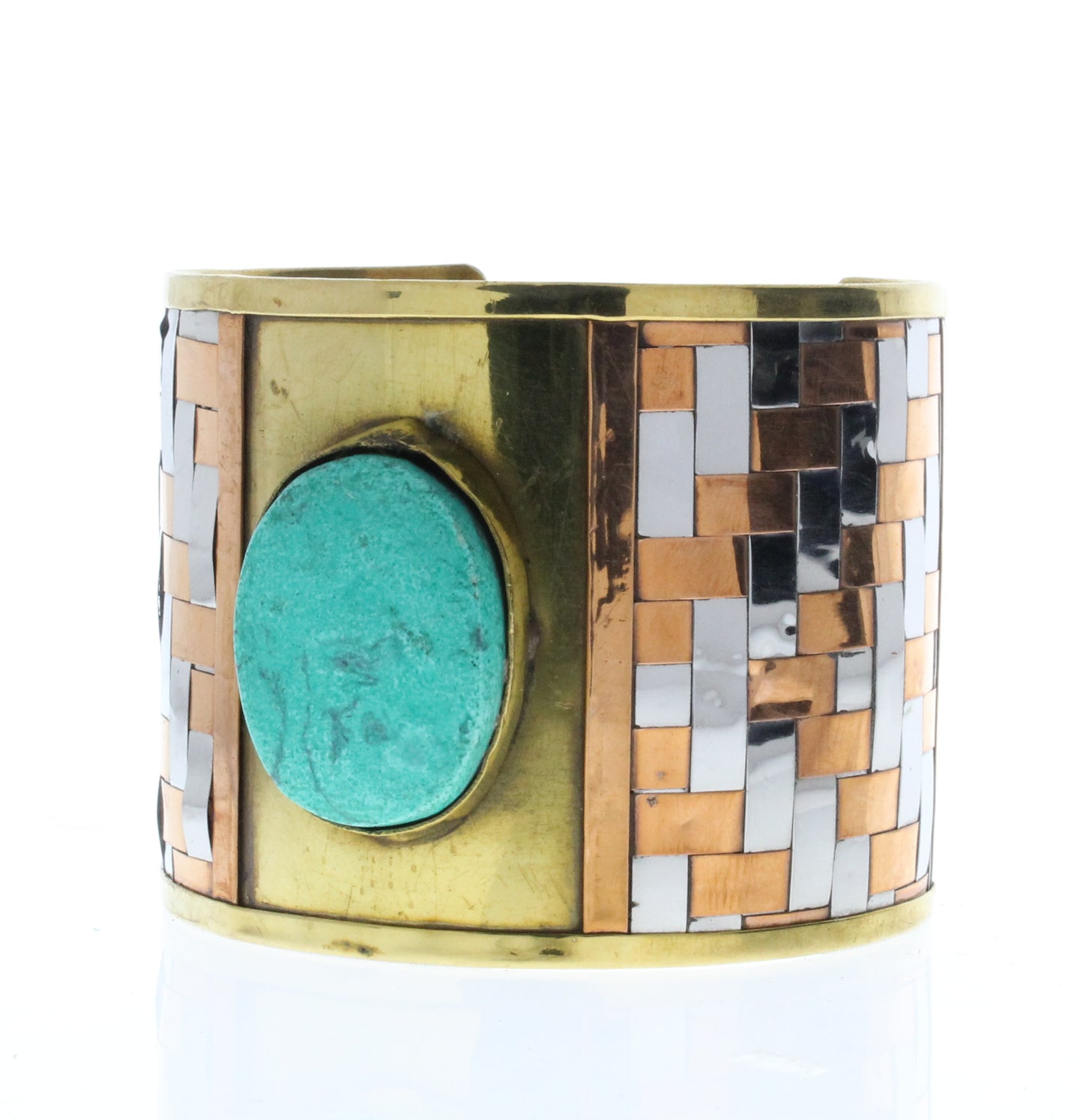 Tile Pattern Cuff Bracelet w/Turquoise, Copper/Brass/Silver, ea