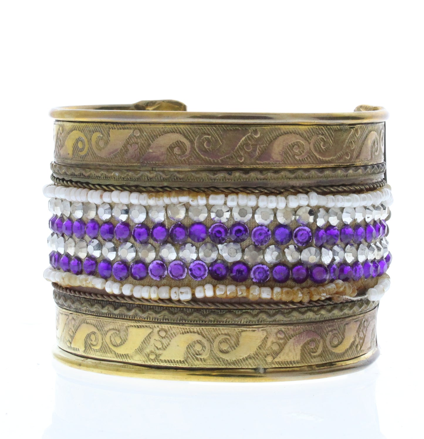 Beaded Bracelet Cuff, Antique Brass Beaded Inlay, ea