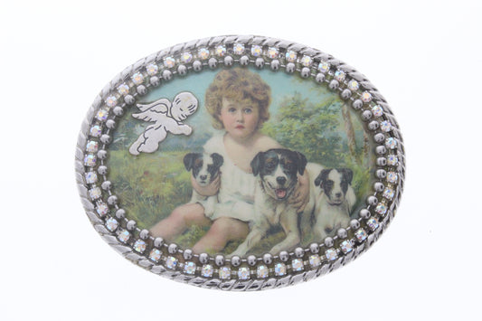 "Victorian Child w/Dog" Oval Silver Belt Buckle, ea