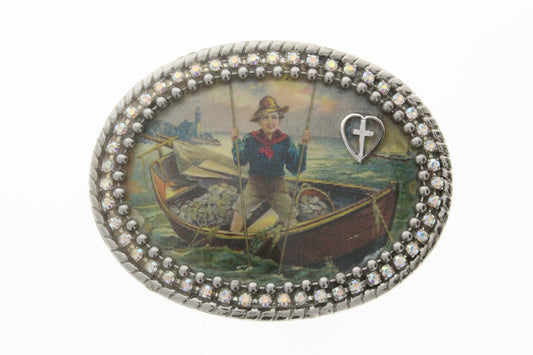 Fisher Boy  Silver-n-Crystal Vintage Stock Belt Buckle,Oval, ea