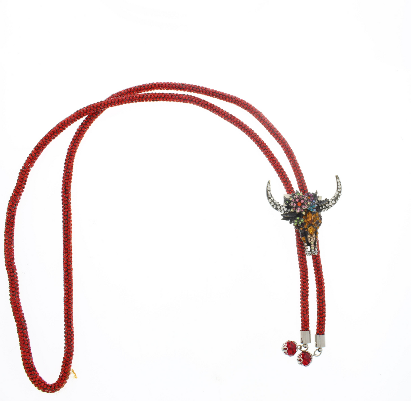 Jeweled cow head bolo tie, 36" red cord, made in USA, each