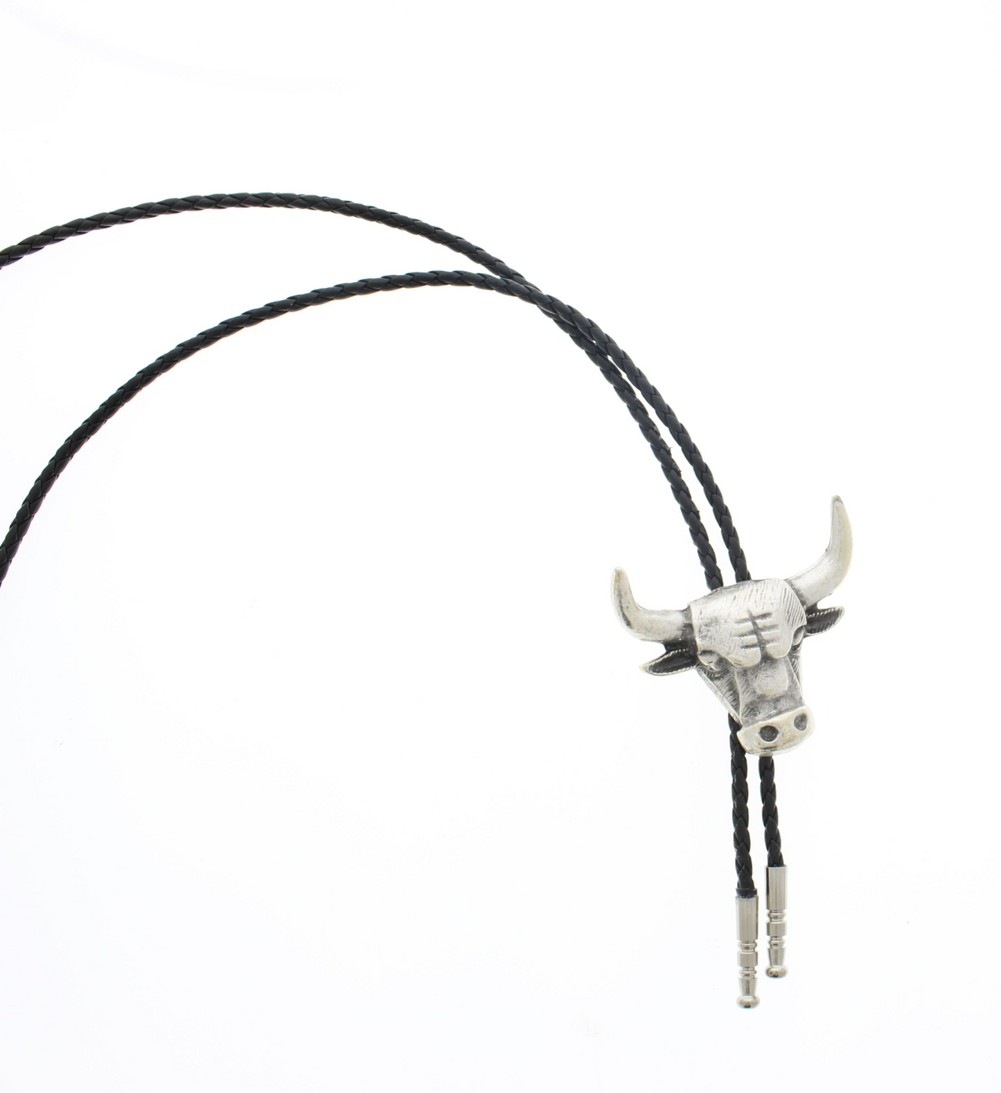 Silver Bull Head Bolo Tie, 36" leather cord, made in USA, each