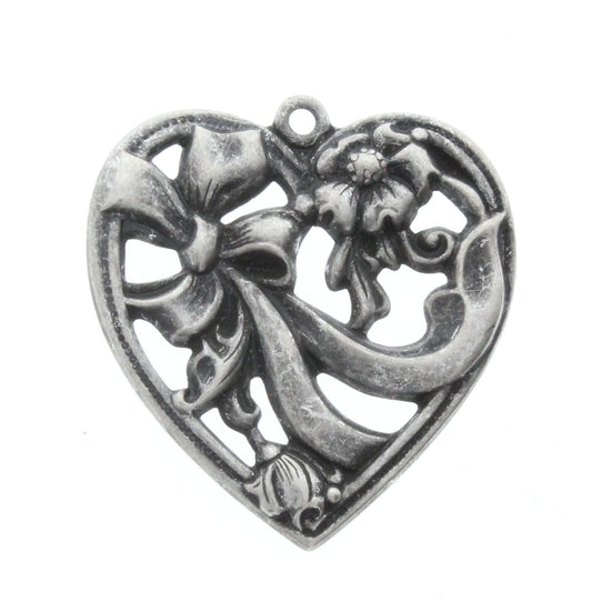 Heart Charm w/Bow, Vintage Silver, pack 6