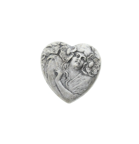 Art Nouveau Flower Fairy Heart Stamping, Vintage Silver Repousse', pack of 3