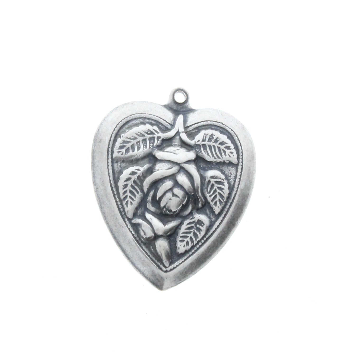 Bright Nickel Heart w/Rose Charm/Pendant, pack of 6