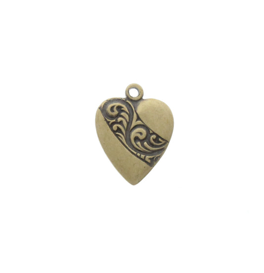 Vintage Brass Leaf Swirl Heart Charm, pack of 6