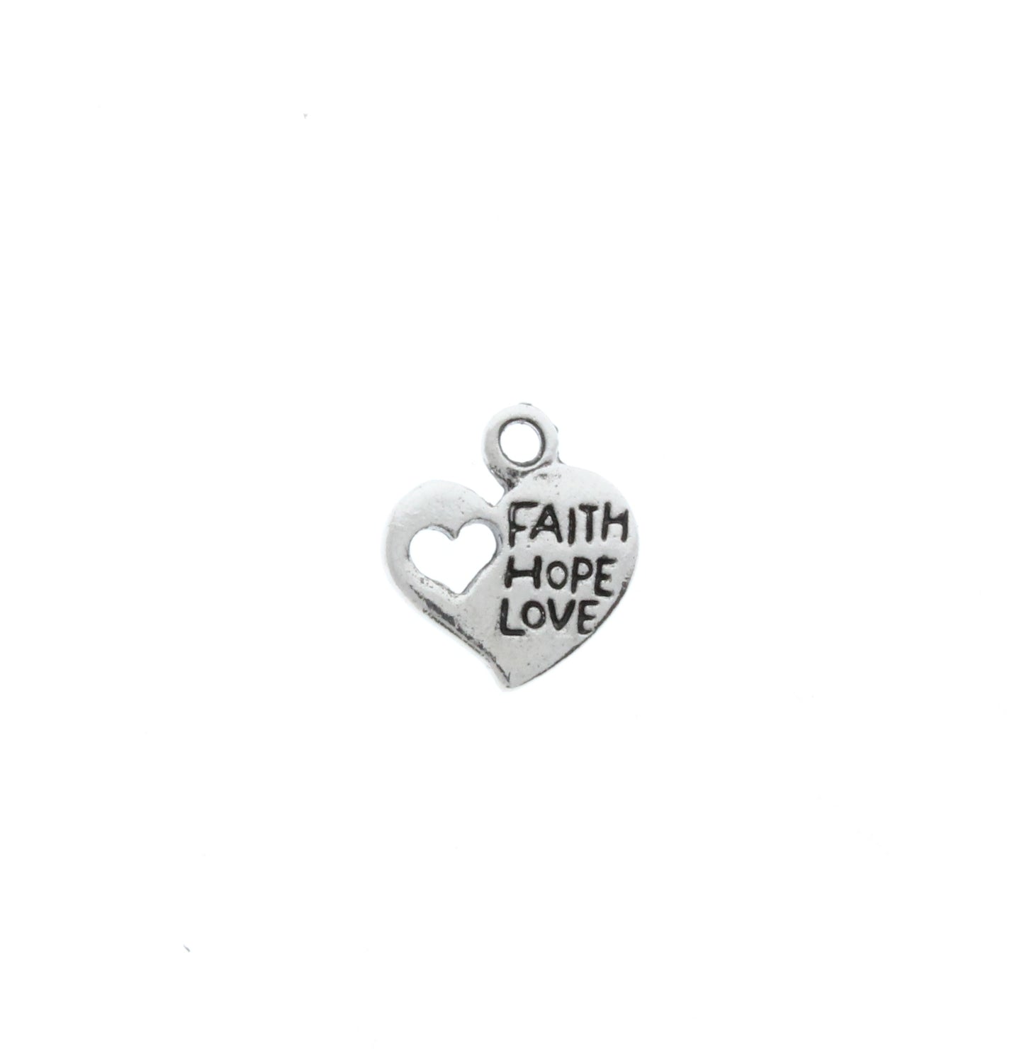 Heart "Faith, Hope, Love" Charm, heart within a heart, sold 6 each