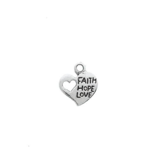 Heart "Faith, Hope, Love" Charm, heart within a heart, sold 6 each