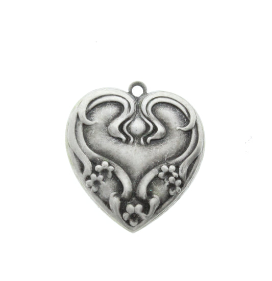 Flower Heart Charm, Vintage Silver, 6 pack
