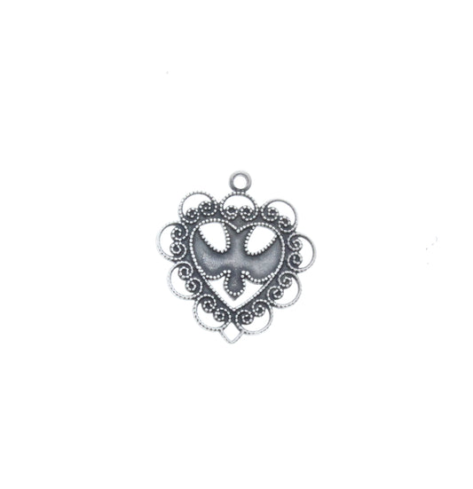 Filigree Dove Heart Charm, Made in USA, antique silver, Pack of 3
