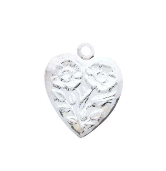 Heart w/Flowers Charm, Bright Silver, pack of 6