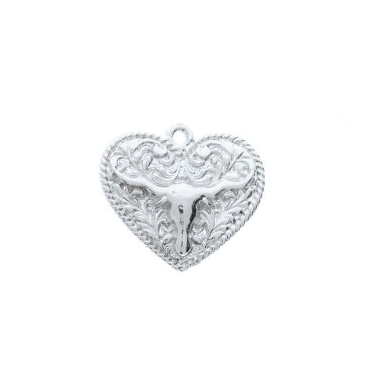 Heart Charms with Steer Head, Classic Silver, Pk/6