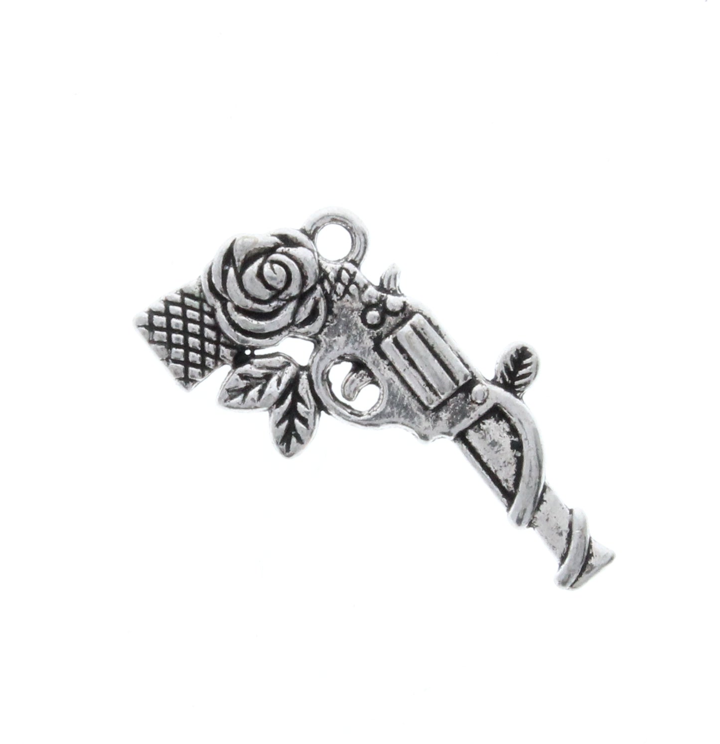 Antique Silver Pistol Gun w/Rose Charm, Pk/12