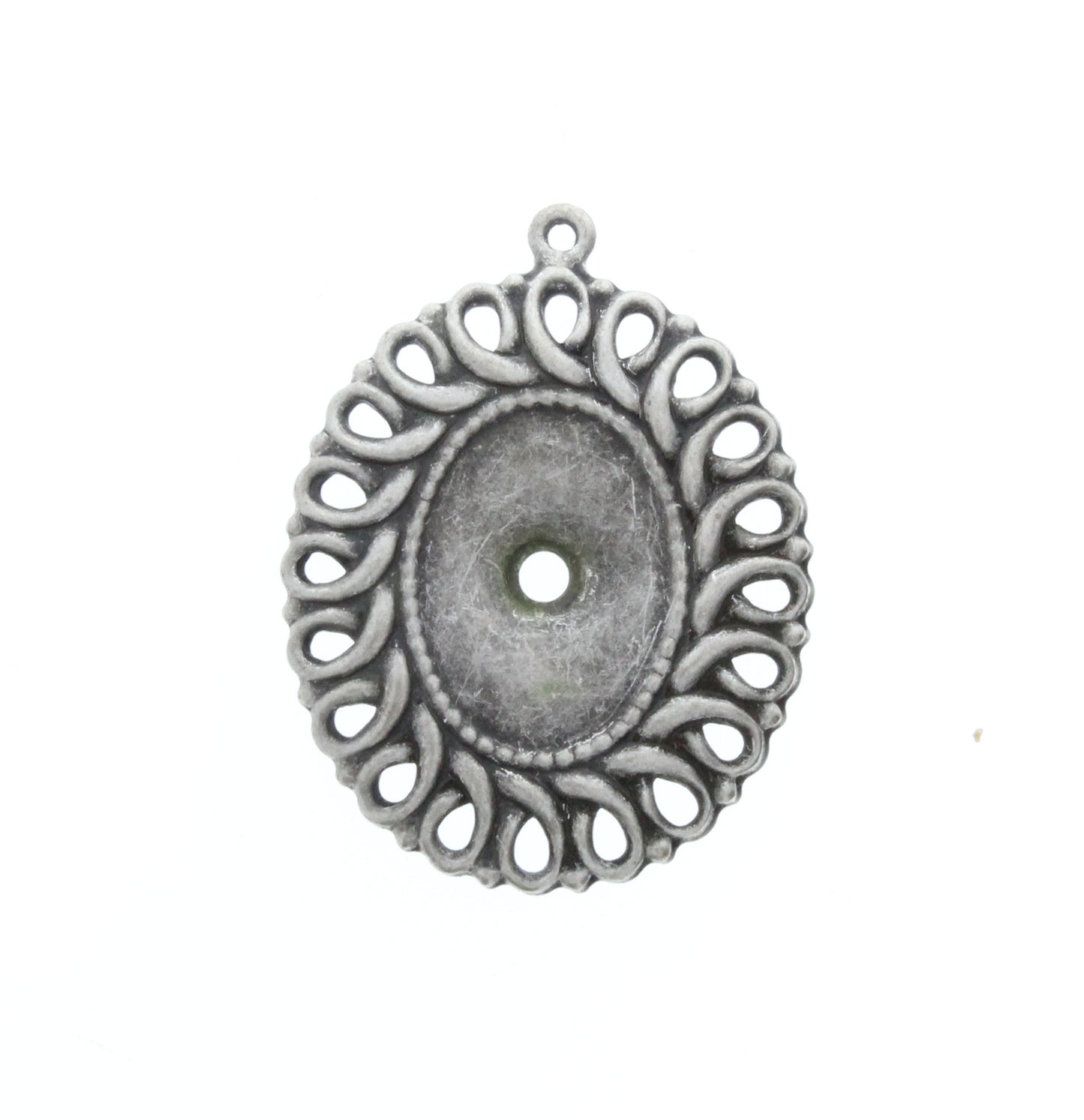 Antique Silver Oval Filigree Charm Pendants w/Bezel Setting, Pk/6
