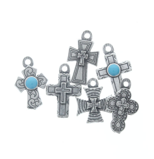 Assorted Cross Charms w/Turquoise, Pk/6