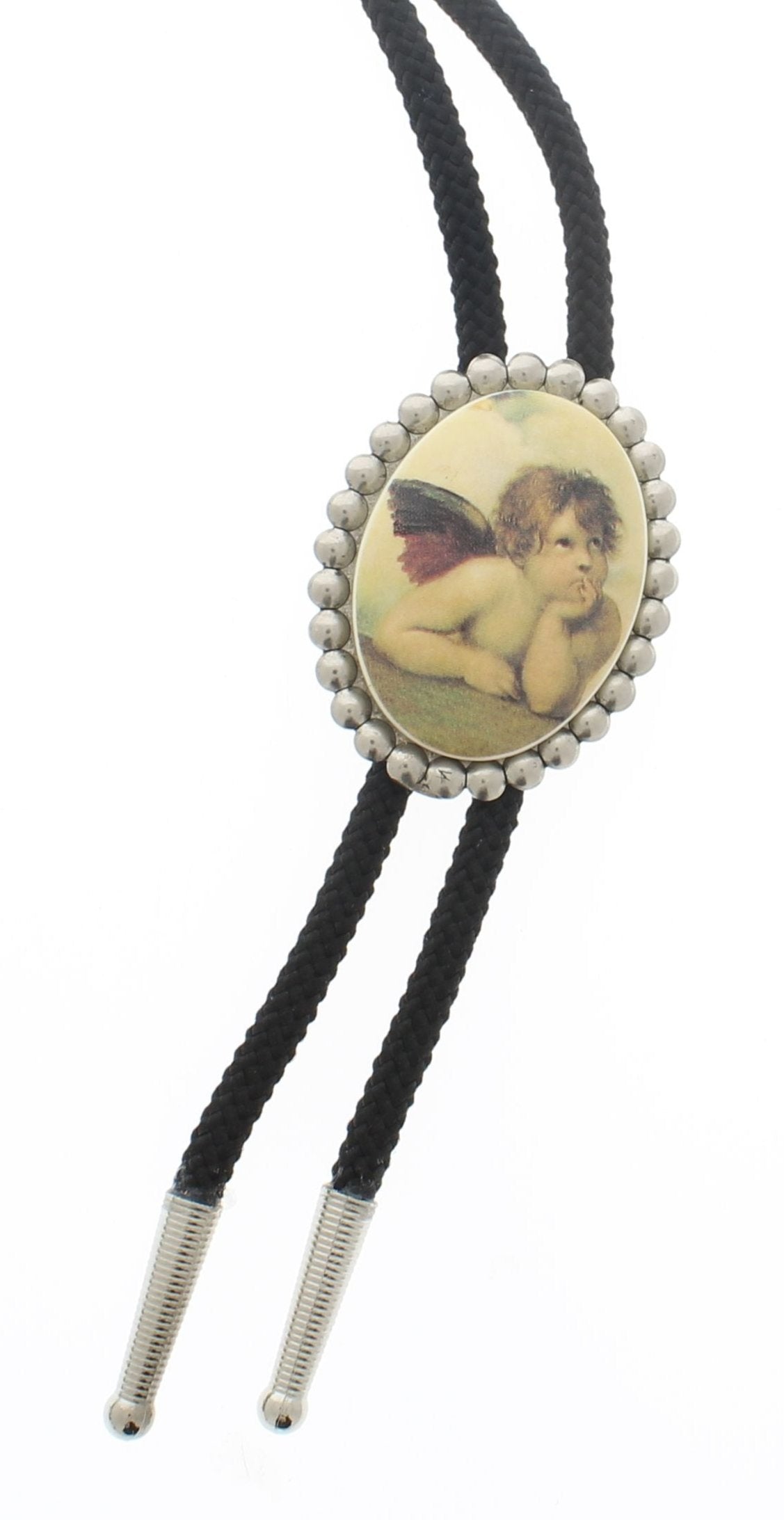 48mm x 36mm Lucite Cherub Bolo Tie, silver tips, made in USA, each