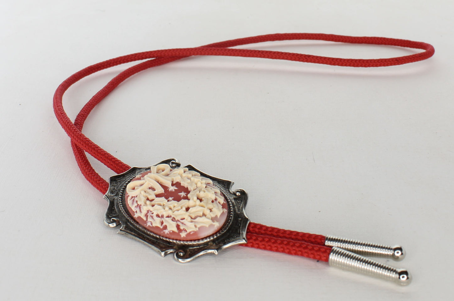 60mm x 40mm Cameo Christmas Wreath Bolo Tie, 36" Red Cord, made in USA, each