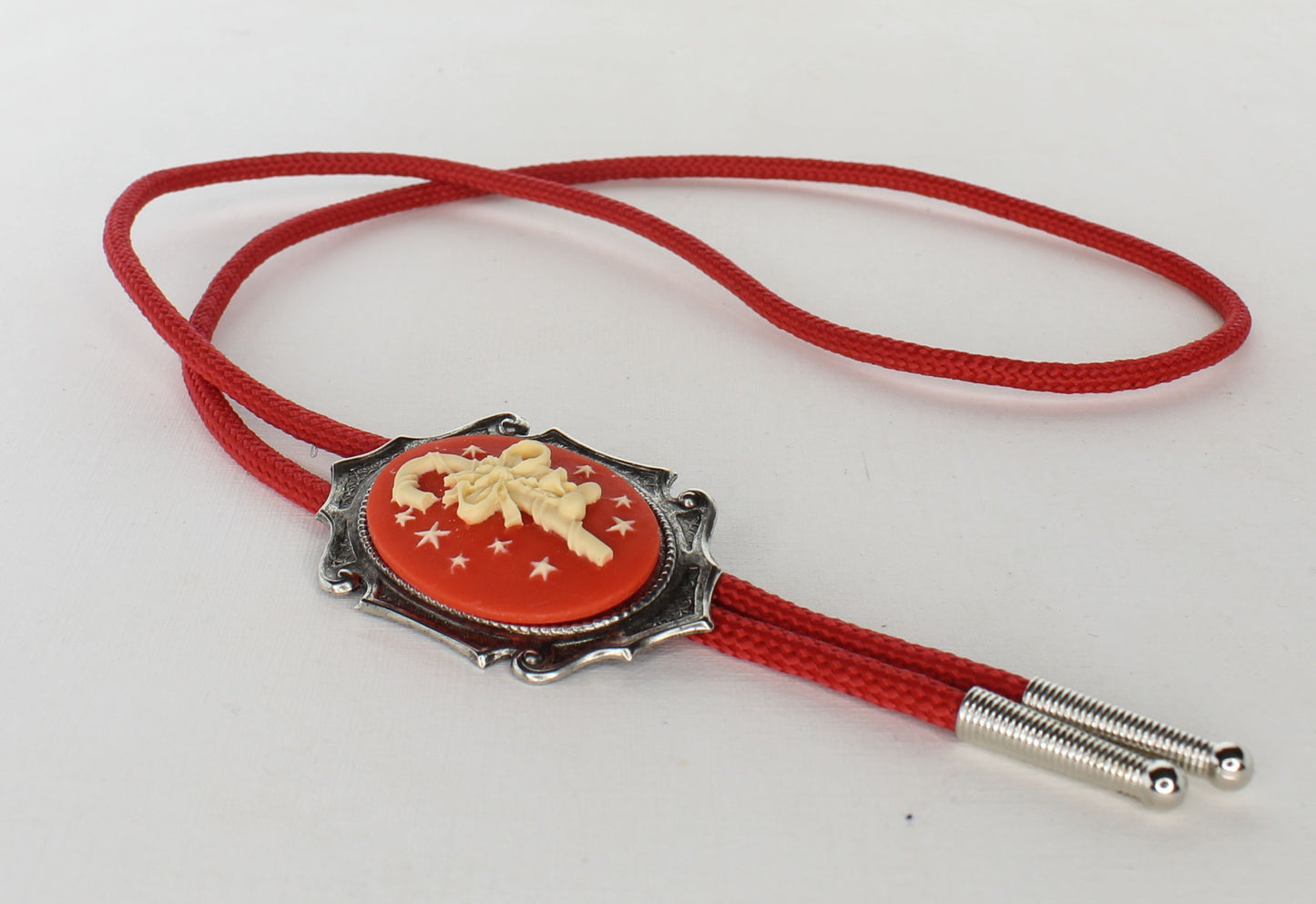 60mm x 40mm Cameo Candy Cane Bolo Tie, 36" Red Cord, made in USA, each