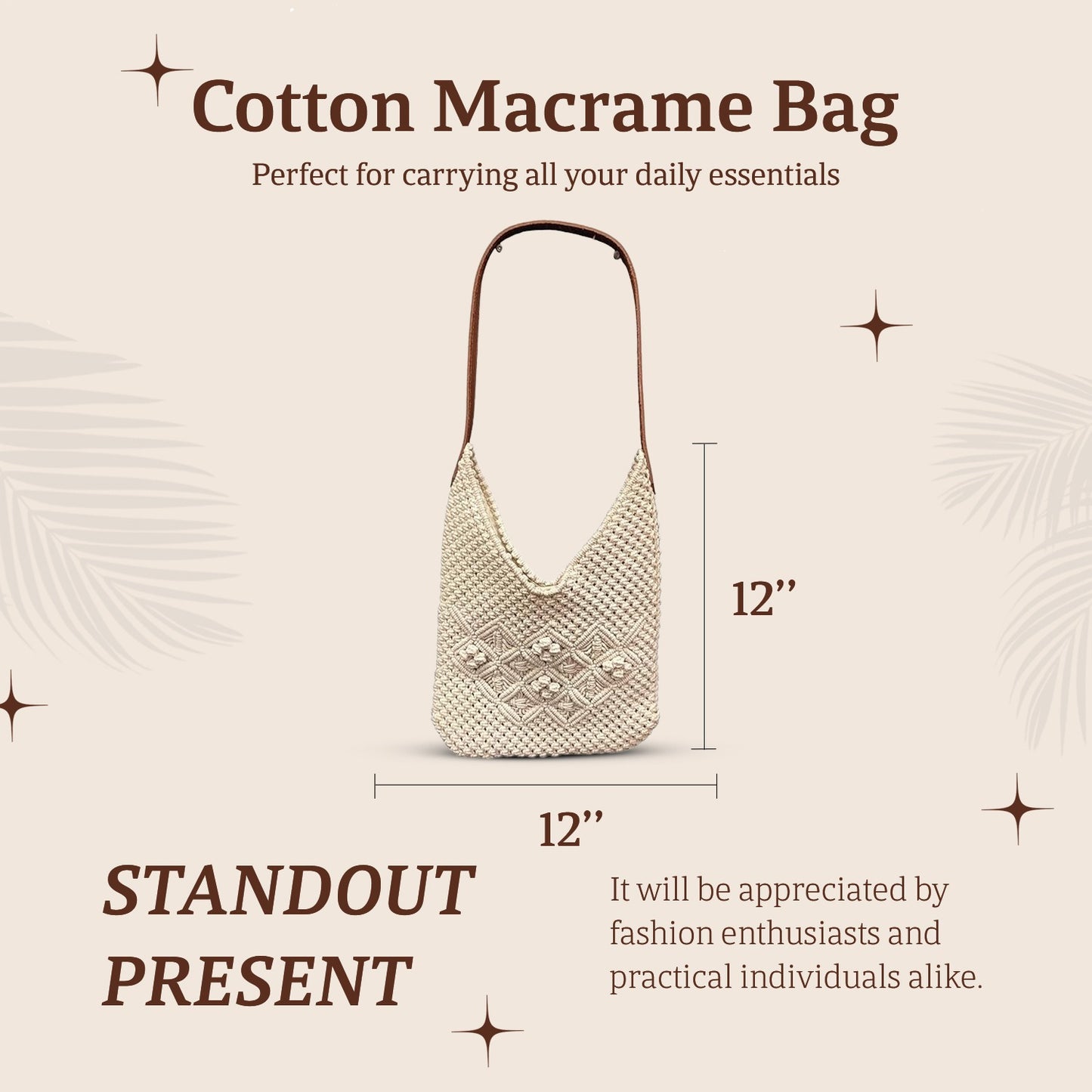 HHH Designs Cotton Macrame Bag with Leather Handle