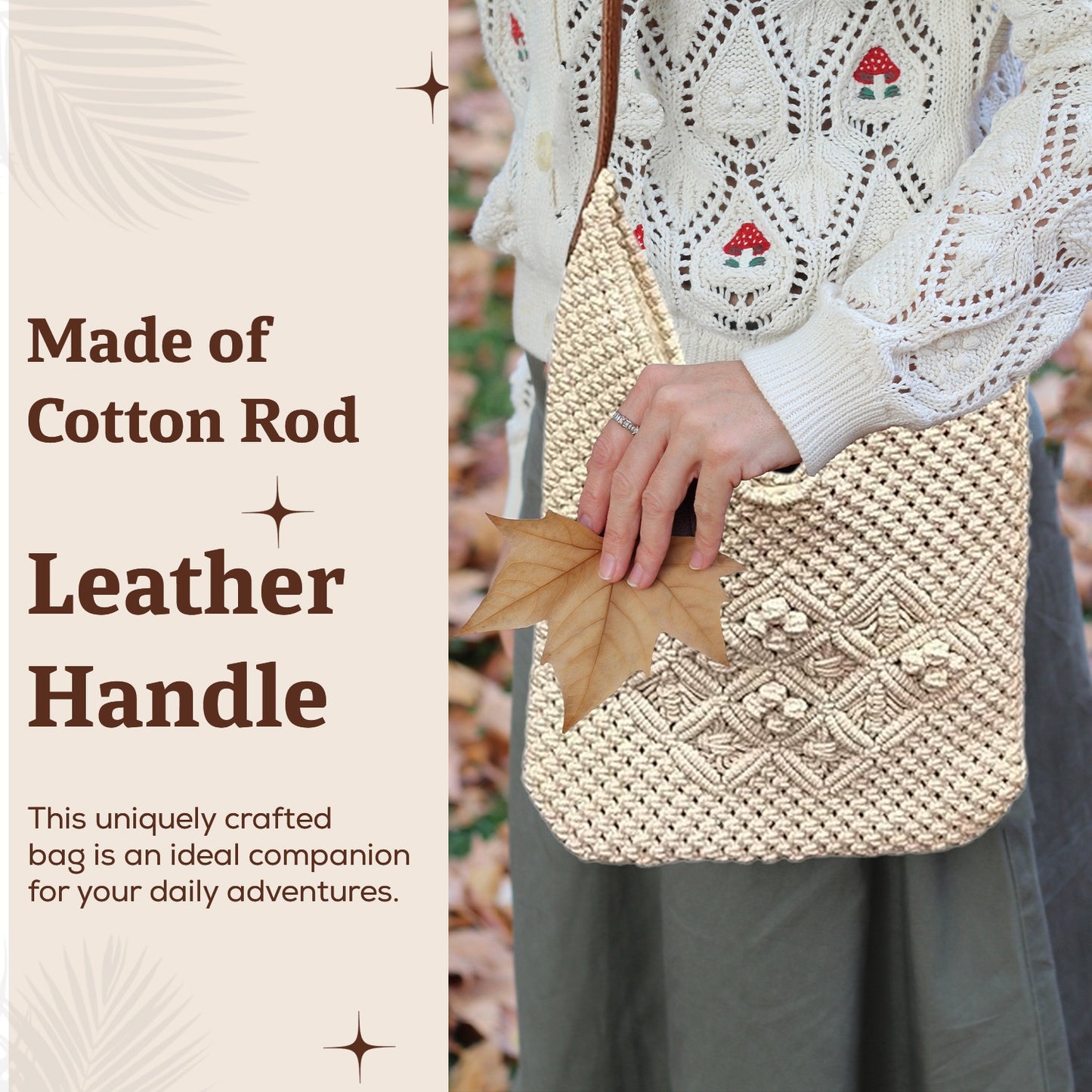 HHH Designs Cotton Macrame Bag with Leather Handle