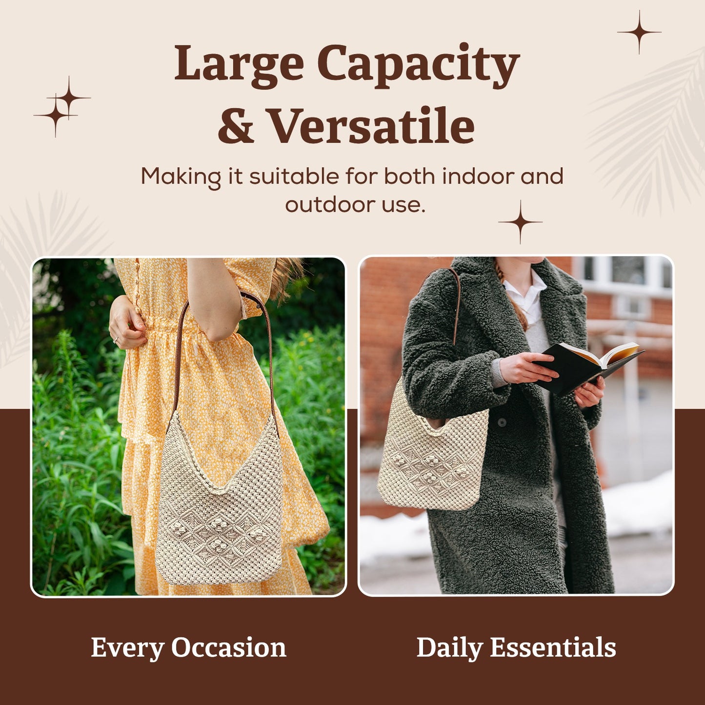 HHH Designs Cotton Macrame Bag with Leather Handle