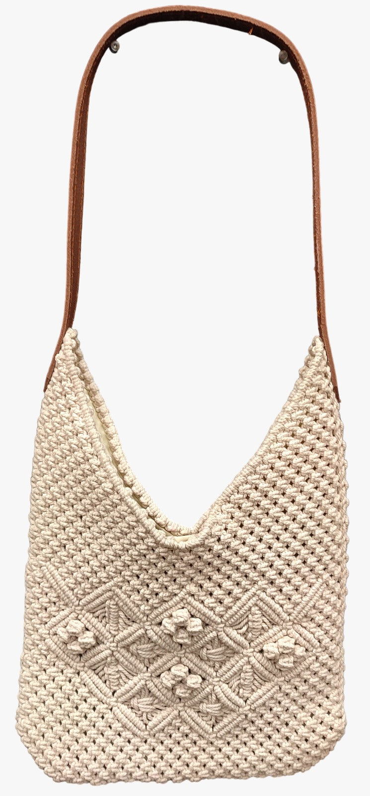 HHH Designs Cotton Macrame Bag with Leather Handle