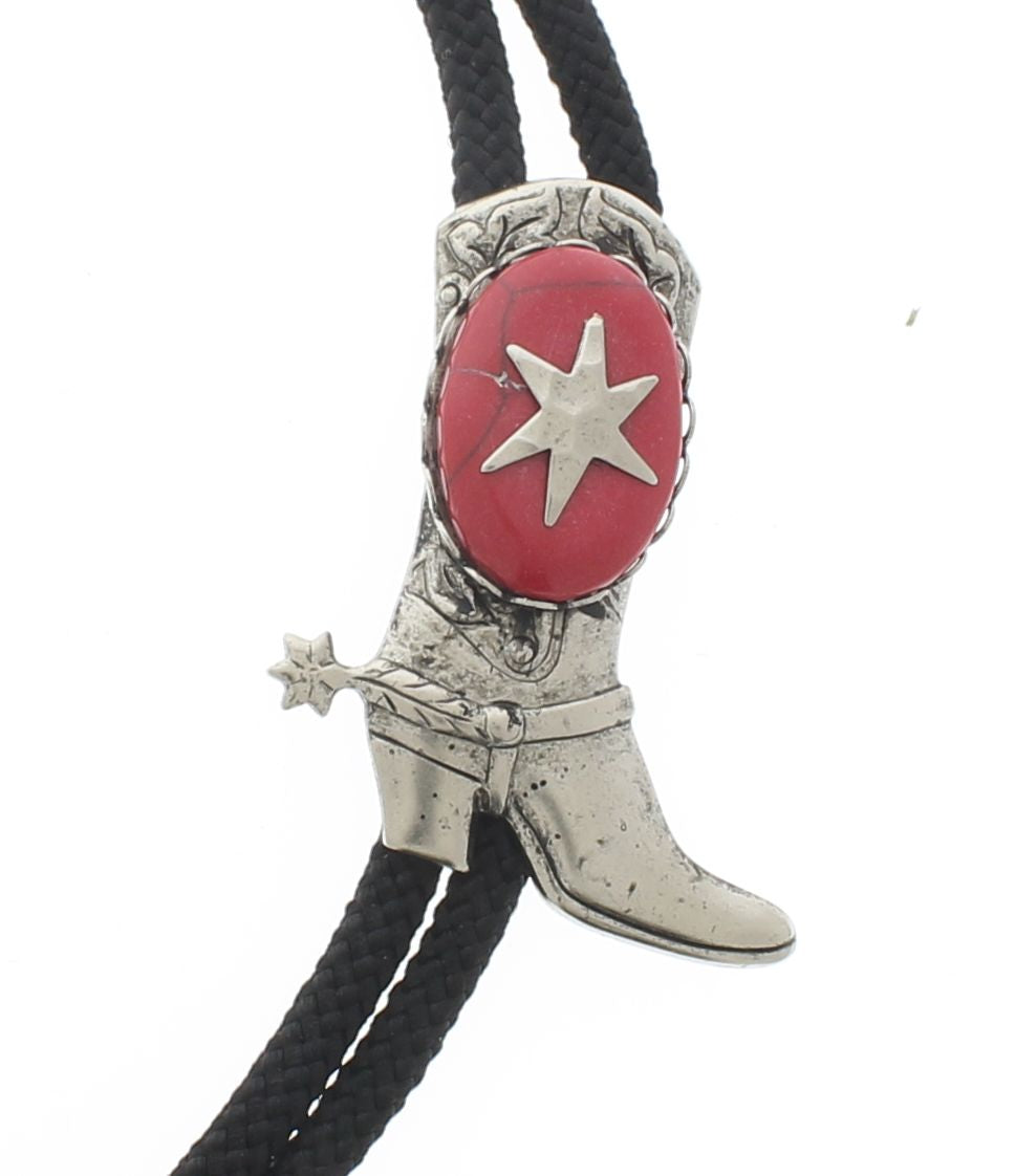 Cowboy Boot Bolo Tie with Red Stone, made in USA, each