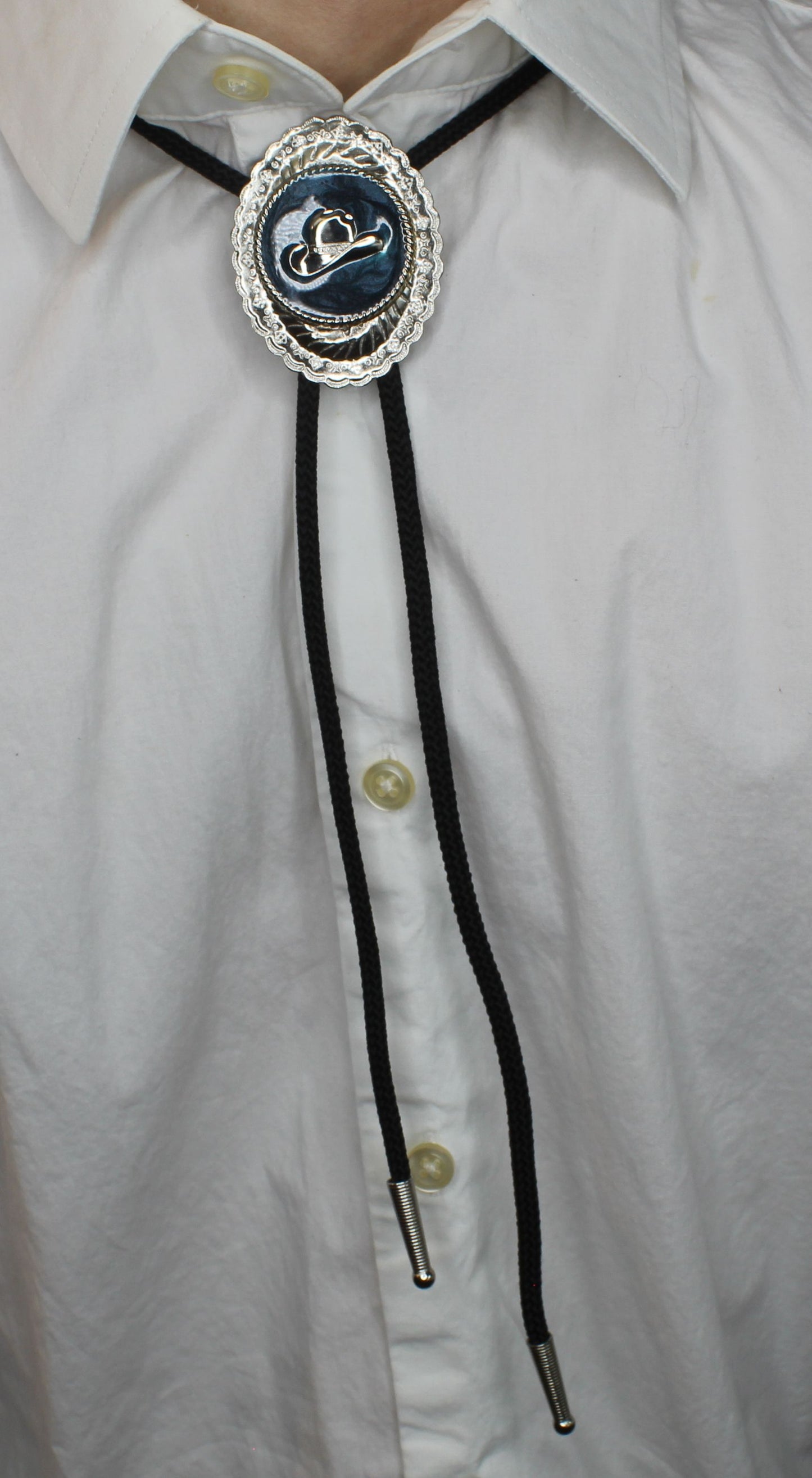 55mm x 42mm Silver Cowboy Hat Concho Bolo Tie, made in USA, each