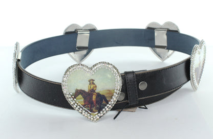 Cowboy Icon Leather Belt, vintage images on 5 heart conchos with crystals, handmade in USA