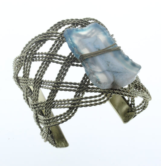 Wire Brass Cuff Bracelet w/Agate Chip, ea