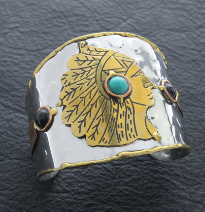American Indian Chief Cuff Bracelet, Turquoise, Silver/Brass, ea