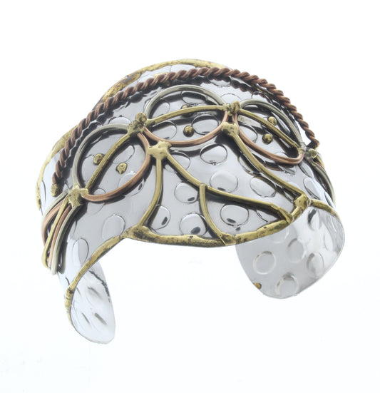 3-Circle Bracelet Cuff, Antique Silver w/Brass/Copper Inlay, ea