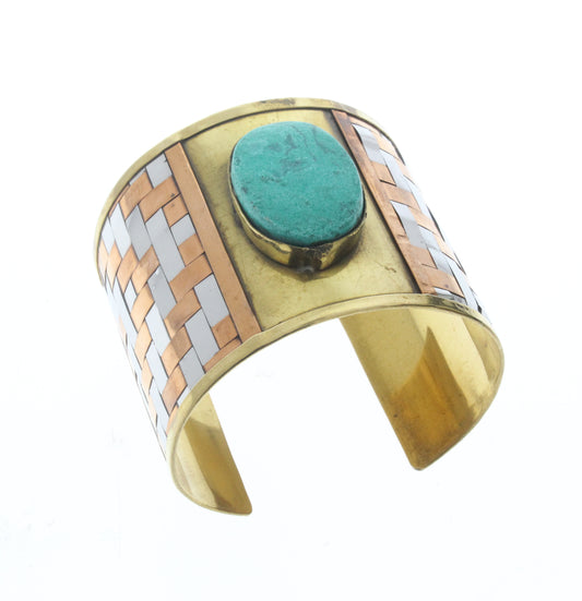Tile Pattern Cuff Bracelet w/Turquoise, Copper/Brass/Silver, ea