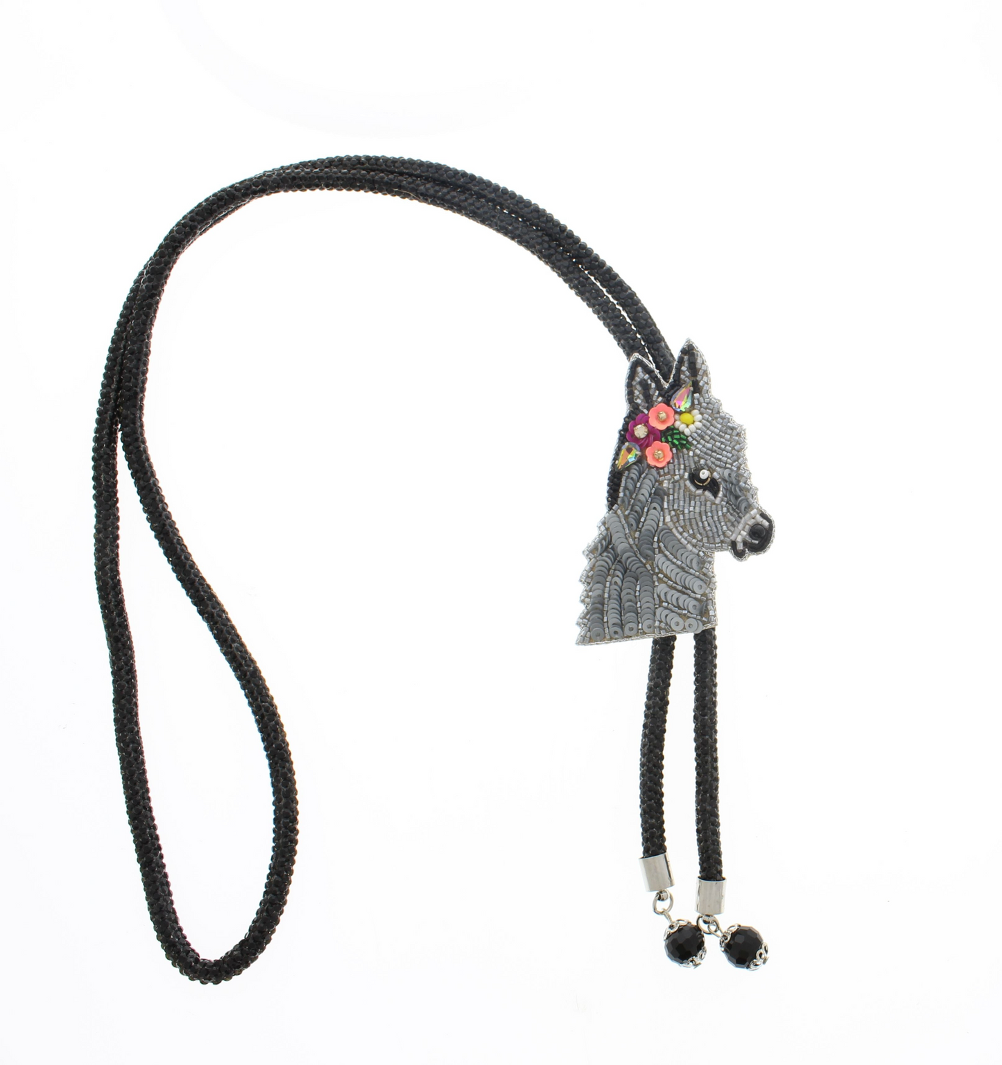 Embroidered Donkey Head Bolo Tie, 36" black gemstone cord, made in USA, each