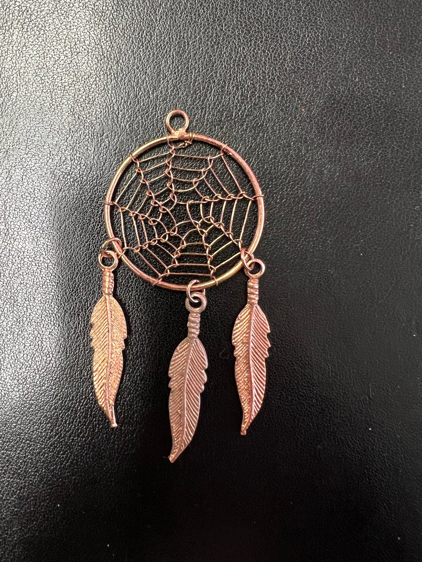 Dream catcher earrings ,feather drops Copper plated ,pair