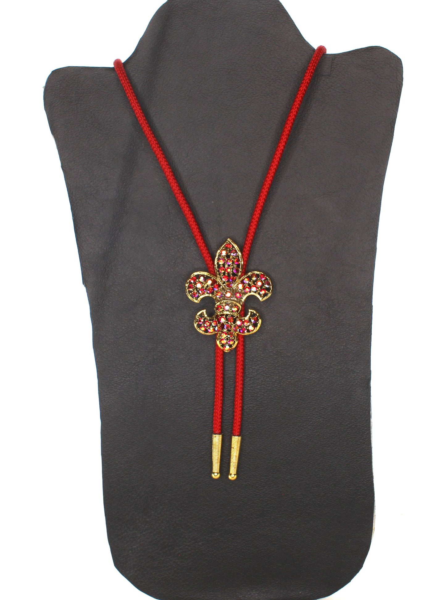 62mm x 47mm Rhinestone Fleur De Lis Bolo Tie, 36" Red Cord, made in USA, each