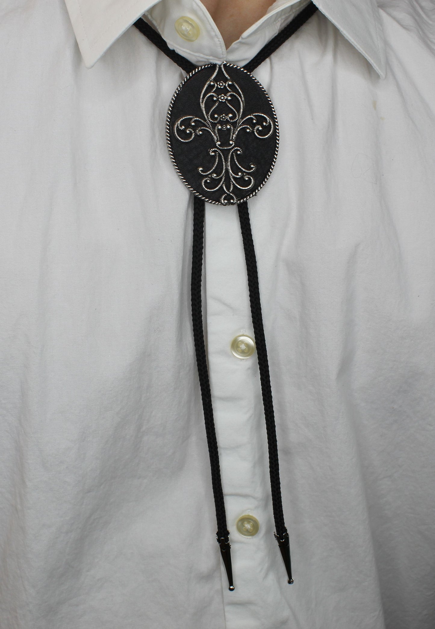 64mm x 51mm Fleur De Lis Bolo Tie, 36" cord, made in USA, each