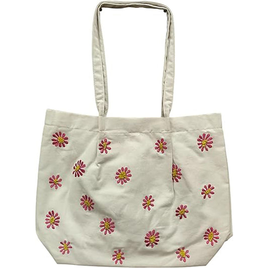 HHH Designs Cotton Canvas Tote Bag with Floral Machine Embroidery