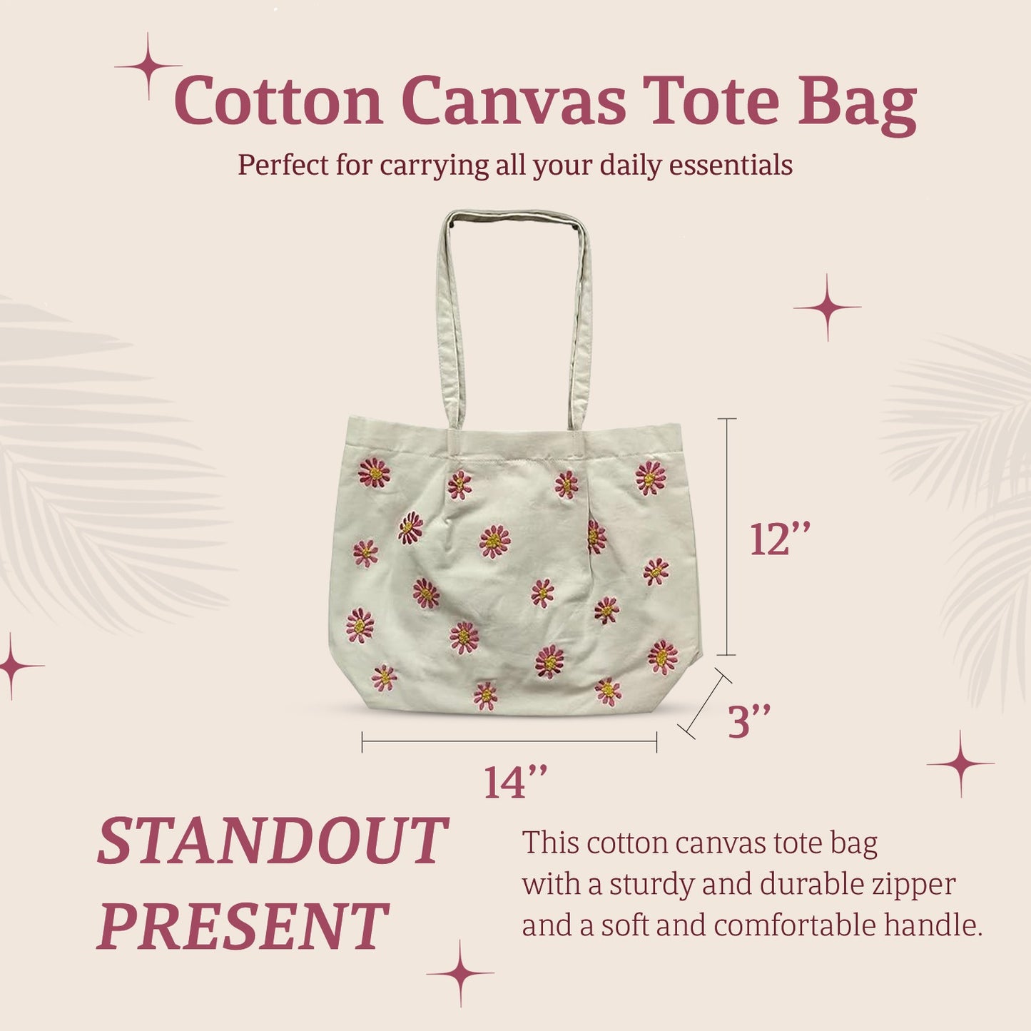 HHH Designs Cotton Canvas Tote Bag with Floral Machine Embroidery