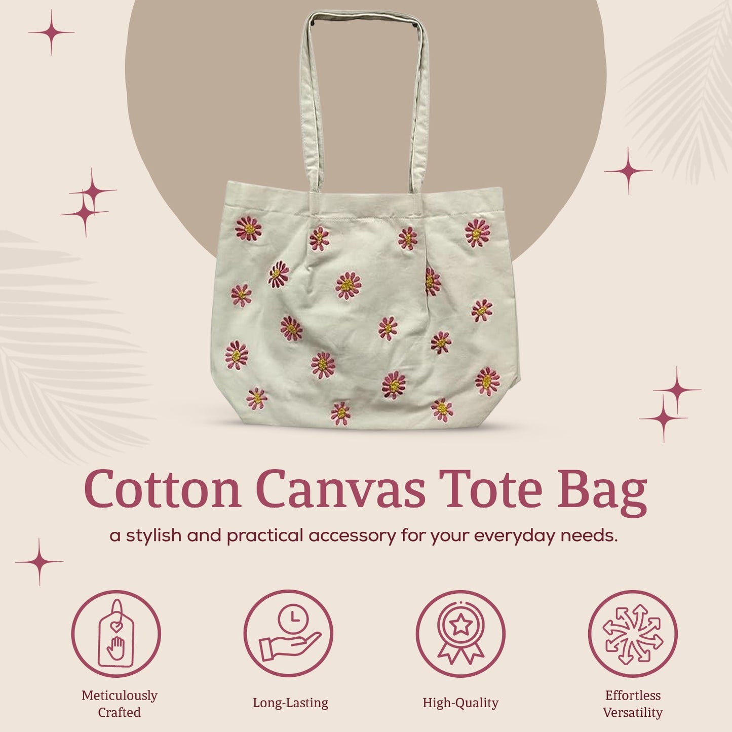 HHH Designs Cotton Canvas Tote Bag with Floral Machine Embroidery