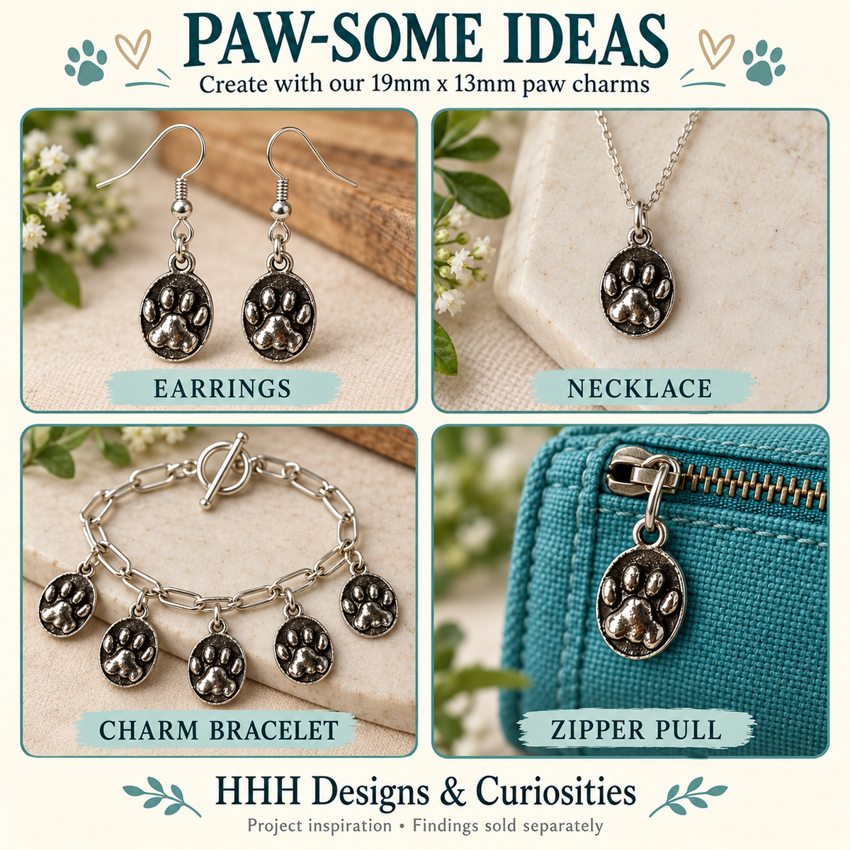 Paw Print Pet Charms, 19mm x 13mm, Antique Silver Tone, Zinc Cast, Made in USA, Pack of 3, Jewelry Making Supplies