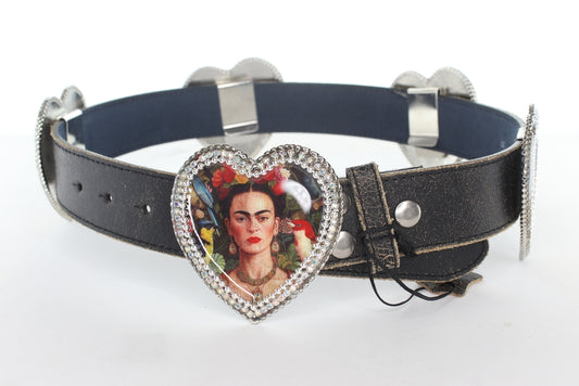 Frida Kahlo Concho Icon Leather Belt, vintage image on 5 heart conchos with crystals, hand made in USA
