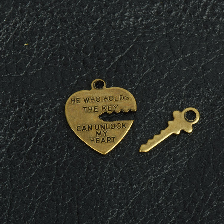 Heart n Key Charm Pendant, antique  brass  pack of 6