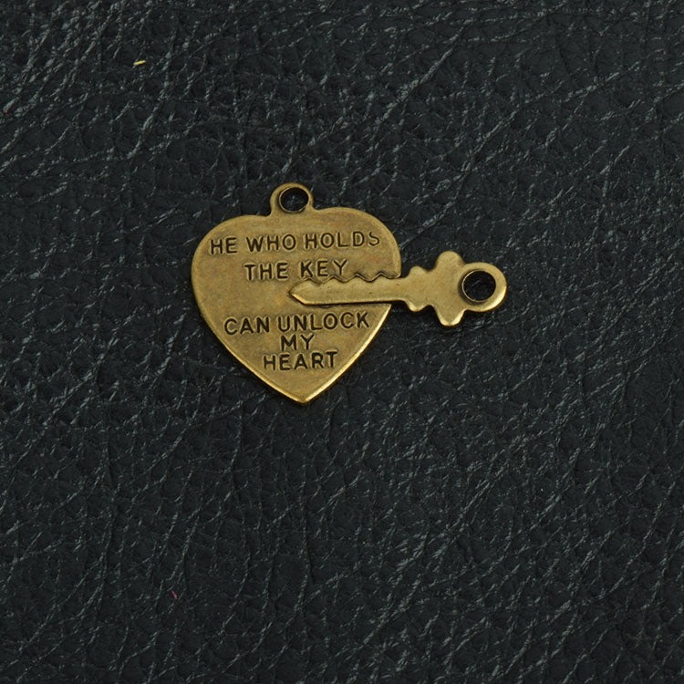 Heart n Key Charm Pendant, antique brass pack of 6