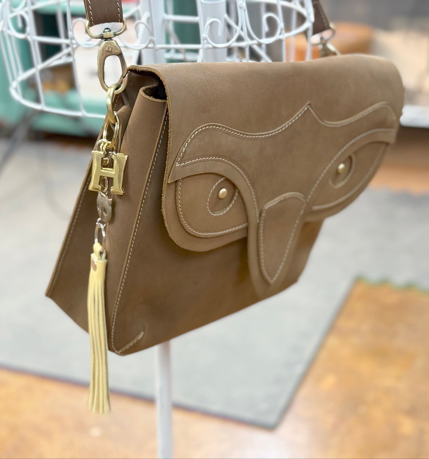 Hoot Bag with Letter and a mustard yellow tassel, made in USA, each