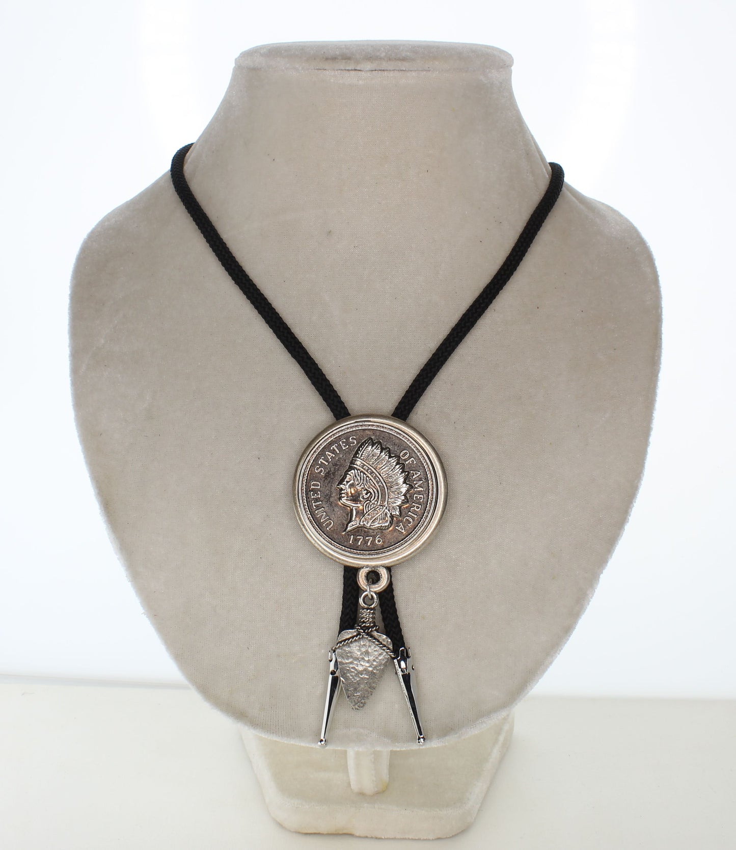 51mm Silver Indian Headdress Medallion Bolo Tie, 36" Black Nylon Cord, made in USA, each
