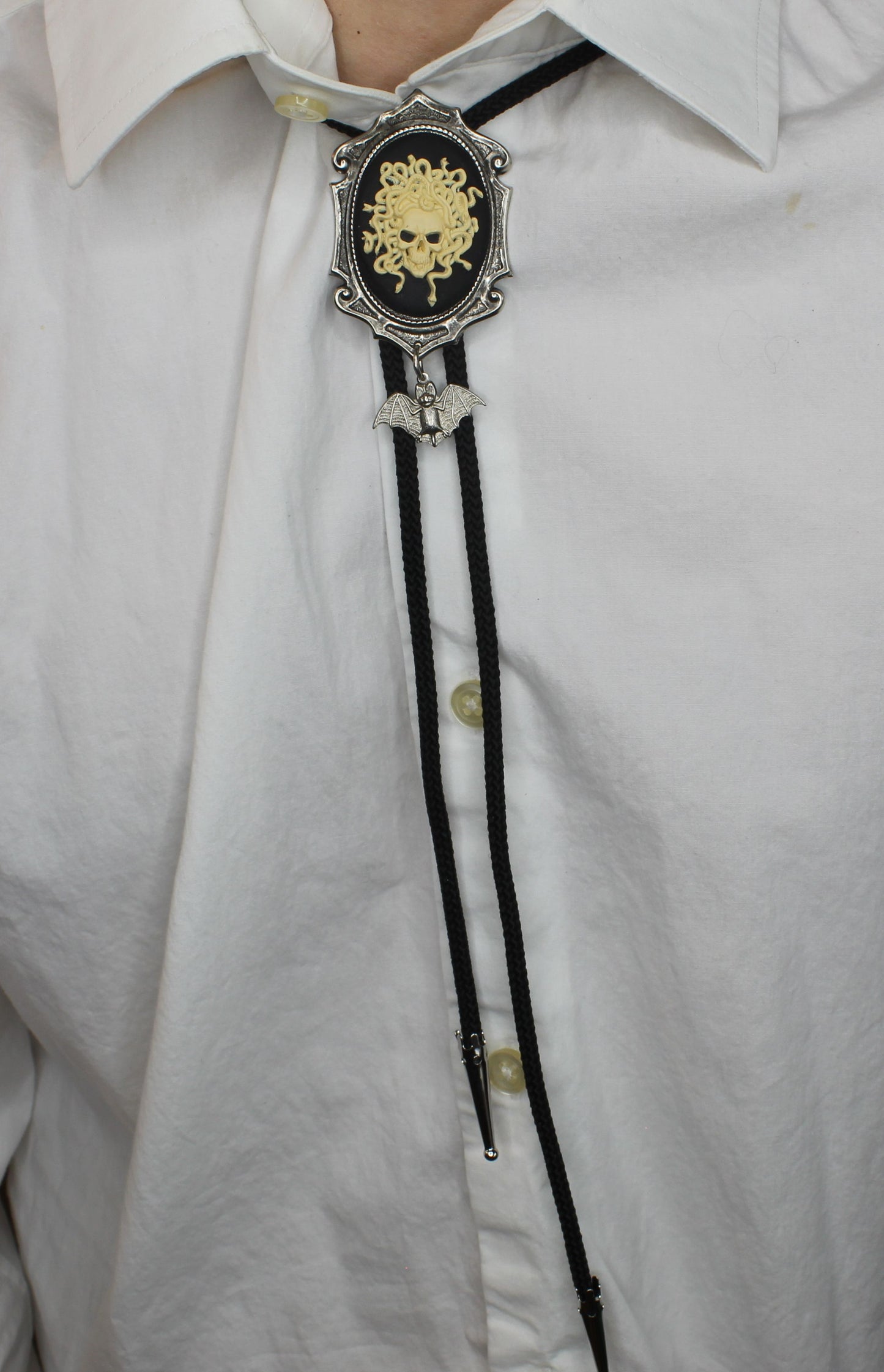 60mm x 40mm Cameo Medusa Skull Bolo Tie w/ Bat Charm, made in USA, each