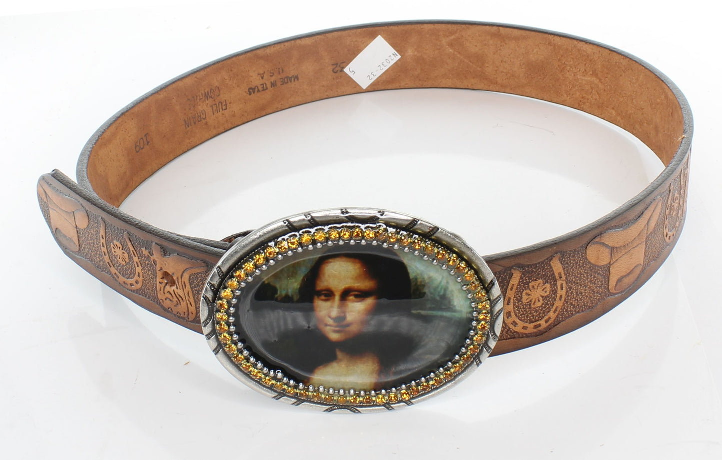 Da Vinci "Mona Lisa" Buckle and Leather Belt, Gift Box, black or brown, Small, Medium, Large, or Extra Large XL, Handmade in USA