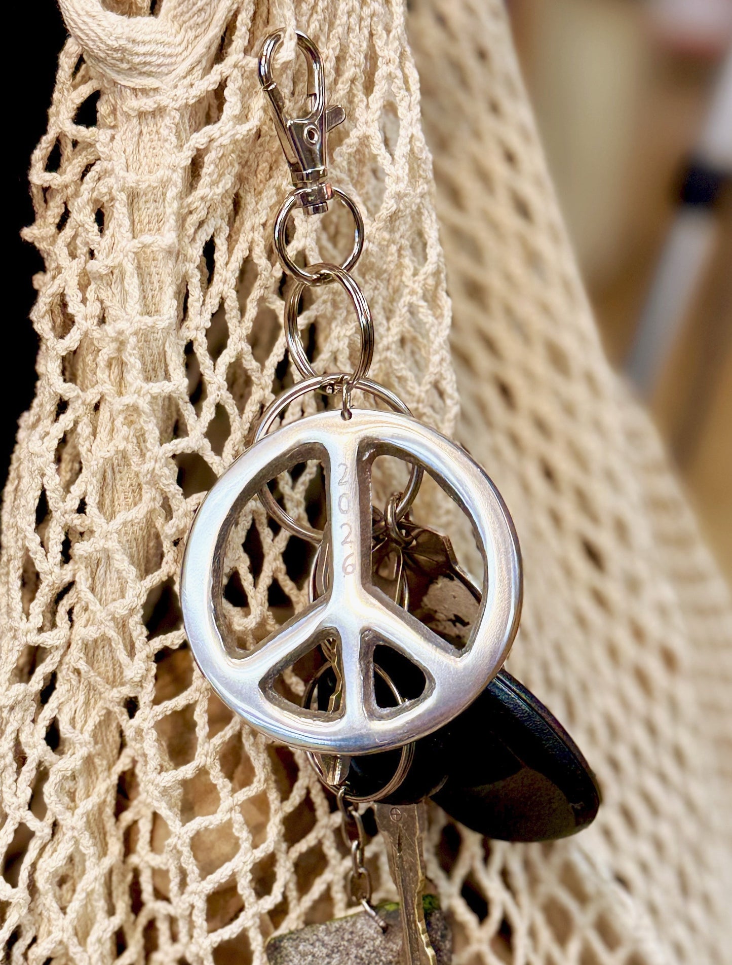 62mm Silver '2026' Peace Sign Charm Keychain, Purse Pull, Zipper Pull, made in USA, each