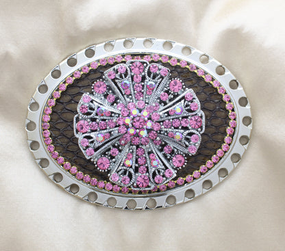 4" x 3" Pink Crystal and Silver Belt Buckle